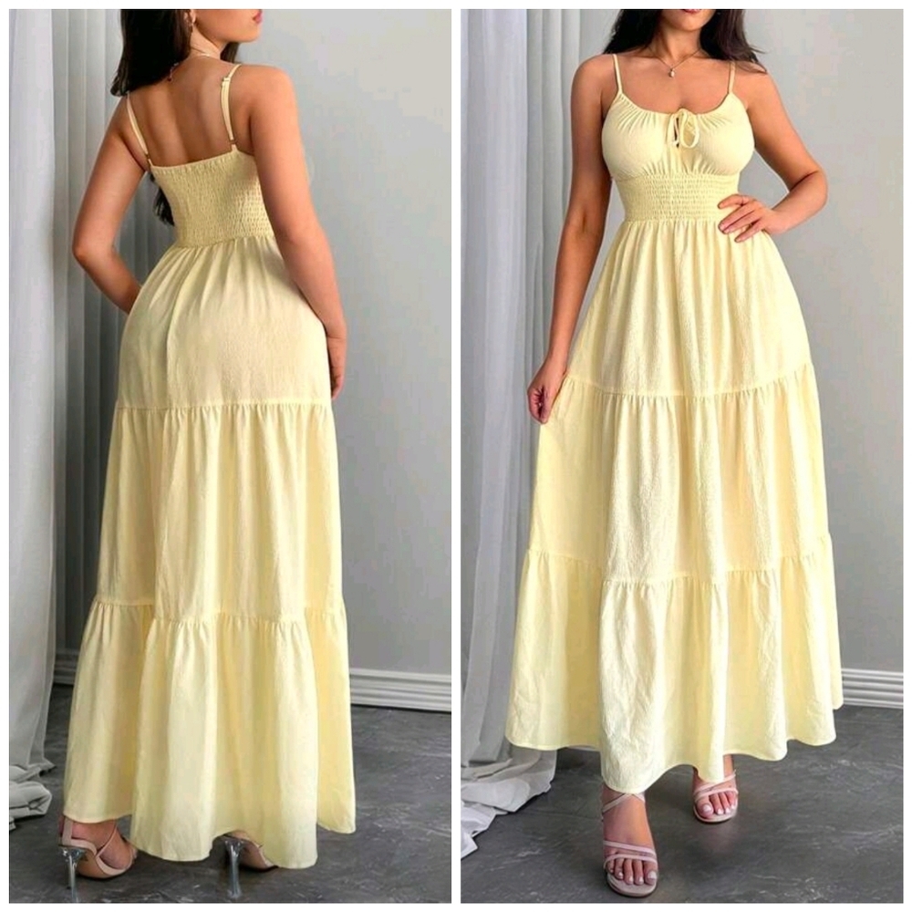 New Tie Ruched Bust Smocked Waist Tired Long Midi Dress Light Yellow